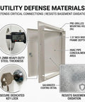 Heavy Duty 14X20 Galvanized Steel Access Panel With Keylock Cover For Drywall Openings and Utility Rooms Tough As Nails Sheet Metal close-up with keylock.