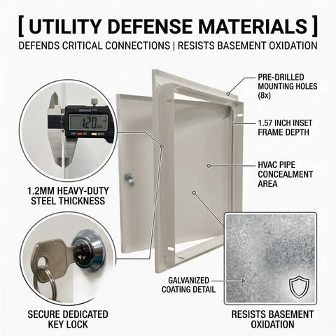 Heavy Duty 14X20 Galvanized Steel Access Panel With Keylock Cover For Drywall Openings and Utility Rooms Tough As Nails Sheet Metal close-up with keylock.