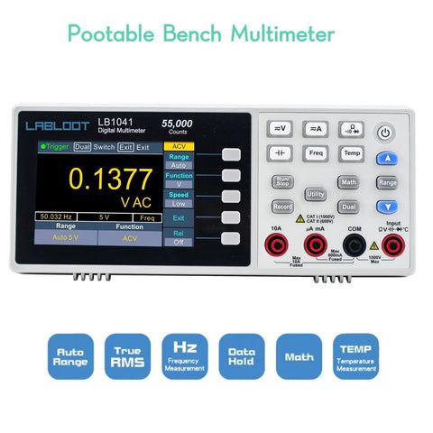 Front view of a Workhorse Bench Digital Multimeter With 55000 Counts, featuring a TFT display and control buttons.