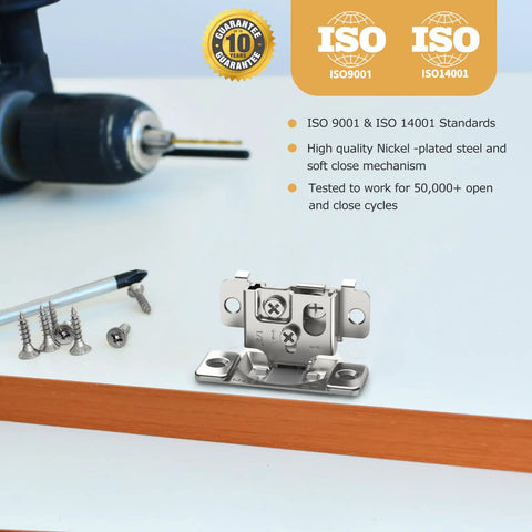 Fifty Piece One Half Inch Overlay Soft Close Concealed Cabinet Hinge Set with screwdriver and drill for installation