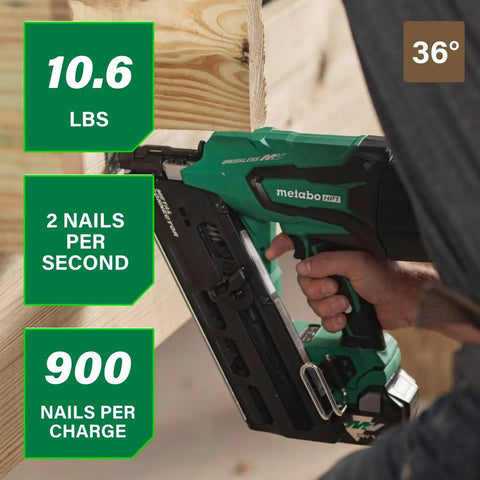 Using 36V Cordless Metal Connector Nailer With MultiVolt 2.5Ah Battery on wood, showing nail speed and weight details.