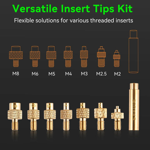 Heat Insert Nut Kit For 3D Printers With Brass Tip Soldering Iron For Hot Melt Insertion Tool For M2 To M8 Nuts Embedded In Plastic Printer Parts For Easy Fit And Long Lasting Use, showing various brass nut heads and adapter.