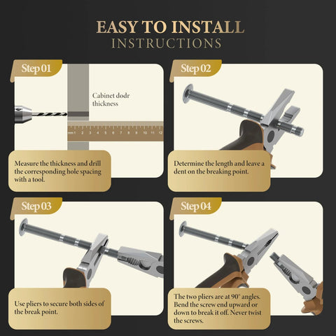 Installation instructions for Brushed Gold Cabinet Pulls 10 Pack, 5 Inch Hole Center Drawer Handles, showing step-by-step guide.
