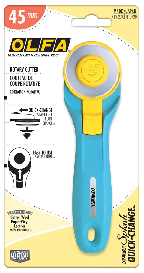 45mm Quick Change Rotary Cutter With Blade Cover For Crafts, Sewing And Quilting, Ultra Sharp Tungsten Blade, packaged front view