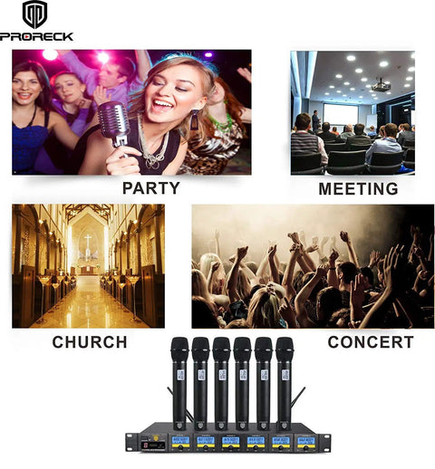 Proreck MX66 6 Channel UHF Wireless Microphone System With Six Handheld Mics for parties, meetings, church, and concerts