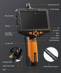 Dual Lens Borescope Inspection Camera with 1080P Waterproof Flexible Cable 5 Inch IPS Screen showing ports and buttons