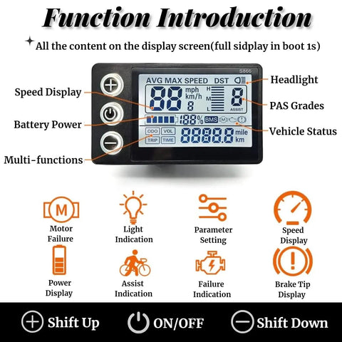 S866 2.5 Inch LCD Speedometer Odometer For Electric Scooters, Plug In Control Panel, display with icons for speed, battery, and functions.