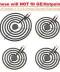 Replacement Electric Range Drip Pans And Burner Elements Set for Whirlpool Amana Maytag Stoves shown with 3 small and 1 large burner elements