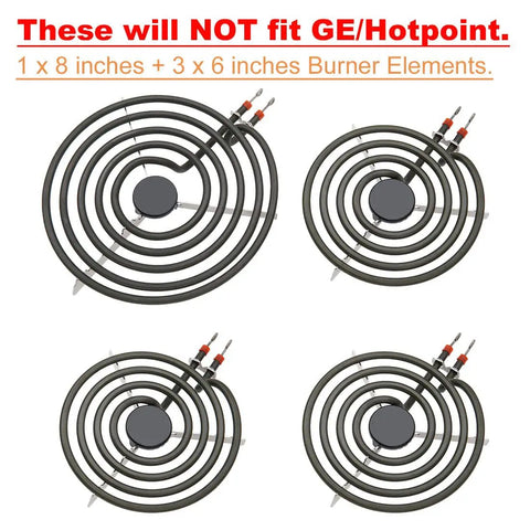 Replacement Electric Range Drip Pans And Burner Elements Set for Whirlpool Amana Maytag Stoves shown with 3 small and 1 large burner elements