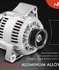 80 Amp 12 Volt Car Alternator For Toyota Camry 1994 1995 1996 And RAV4 1996 1997 1998 1999 2000 With 5 Groove Pulley Clockwise Rotation New Easy Swap Plug And Play, close-up view of die-cast aluminum construction.