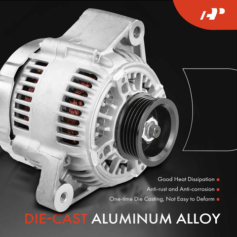 80 Amp 12 Volt Car Alternator For Toyota Camry 1994 1995 1996 And RAV4 1996 1997 1998 1999 2000 With 5 Groove Pulley Clockwise Rotation New Easy Swap Plug And Play, close-up view of die-cast aluminum construction.
