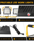 Premium 21000 Lumen Led Work Light With Retractable Tripod Stand And Extended 16 Foot Power Cord, showing three adjustable heads and features.