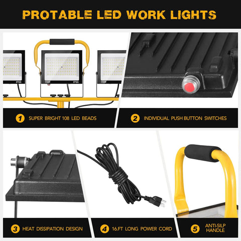 Premium 21000 Lumen Led Work Light With Retractable Tripod Stand And Extended 16 Foot Power Cord, showing three adjustable heads and features.