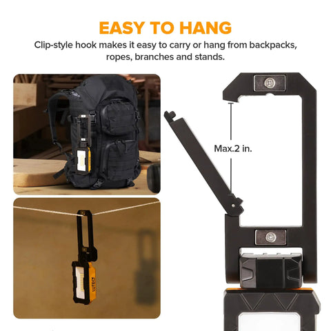 Rechargeable 1000 Lumen LED Magnetic Work Light with 360 Degree Rotation and 200 Degree Swivel Magnetic Base on backpack
