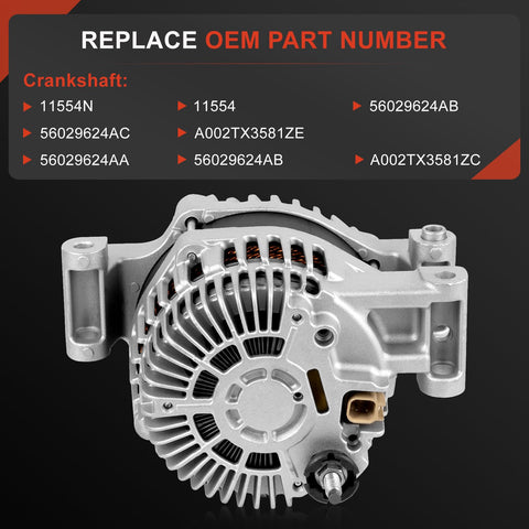 160A 12V High Output Alternator for 2.4L Chrysler 200 2015 2017 Fiat 500X 2016 2018 Jeep Cherokee Compass Renegade 2014 2018 and Ram ProMaster City 2015 2022 Replaces 56029624AB 56029624AC A002TX3581ZE A2TX3581ZE shown from side angle