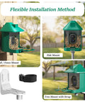 Installation methods for Smart Bird Feeder With Camera 2K Live View Solar Powered Outdoor WiFi Night Vision AI Identify Arrive Alerts Auto Record Videos Real Time App Notifications All In One Backyard Bird Watching Gift For Family And Bird Lovers.