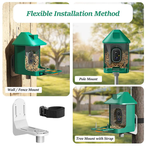 Installation methods for Smart Bird Feeder With Camera 2K Live View Solar Powered Outdoor WiFi Night Vision AI Identify Arrive Alerts Auto Record Videos Real Time App Notifications All In One Backyard Bird Watching Gift For Family And Bird Lovers.