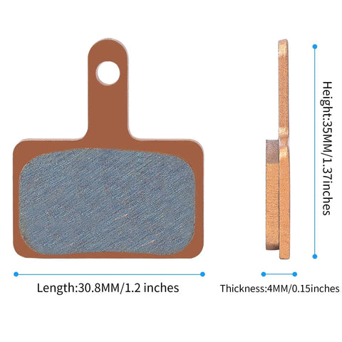 Four Pairs Of Sintered Metal MTB Brake Pads For E Bikes And Scooters, size 1.2x0.15 inches, front and side view with dimensions