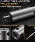 Badass 4 Inch Annular Cutter Extension with 3/4 Weldon Shank for Magnetic Drill and Drill Press Heavy Duty Steel shown with key.