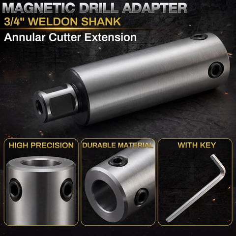 Badass 4 Inch Annular Cutter Extension with 3/4 Weldon Shank for Magnetic Drill and Drill Press Heavy Duty Steel shown with key.