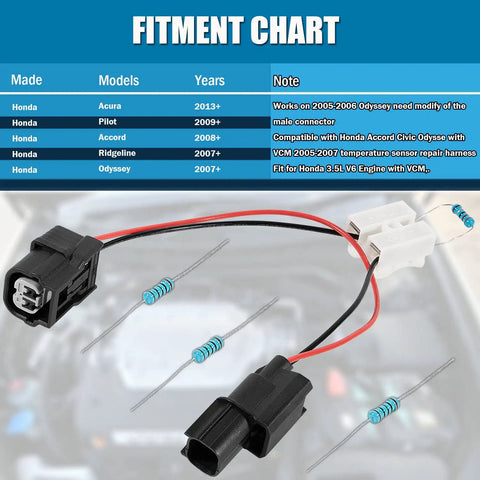 Fitment chart with Plug And Play Muzzler Harness Disable Kit For Honda Odyssey Ridgeline Pilot Accord And Acura 3.5L V6 Engines With VCM