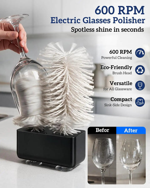 Turbo 600 RPM Home Glassware Polisher And Wine Glass Cleaner Machine scrubbing a wine glass for a crystal shine.