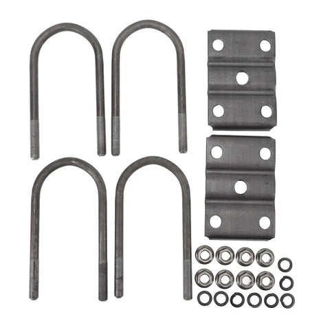 Trailer U Bolt Kit For 5200 To 7000 Lbs Leaf Spring Trailers, 3 Inch Round Axle U Bolts, 7 Inch Long, One Half Inch Diameter, With Tie Plates, Fits One And Three Quarter Inch Or Two Inch Leaf Springs, Heavy Duty Rolled Steel parts and hardware laid out