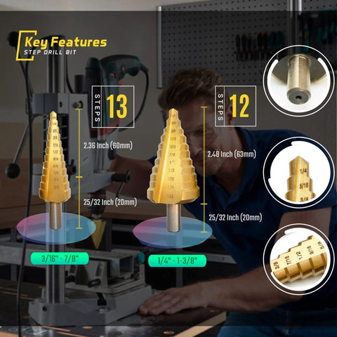 Professional Grade Step Drill Bit Set For Metal In Titanium HSS High Speed Steel with 23 sizes from 1/4 to 1-3/8 inch