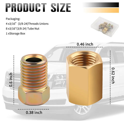 12-Piece 3/16 Inch Brake Line Fittings Kit With 4 Connectors And 8 Pipe Nuts For Double And Inverted Flare Brake Lines, DIY Car And Truck Brake Repair, Brass Construction For Durable, Leak-Free Fixes. Brass 3/16-inch connector and tube nut dimensions shown with storage box