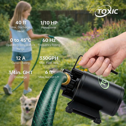 Hand holding Portable 12V Water Transfer Pump 330 GPH Self Priming Electric Sump Pump with Suction Hose Attachment.
