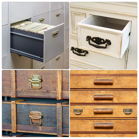 Various types of drawer handles including 86x46mm 201 stainless steel ring pull handle for toolbox, cabinets, and furniture.