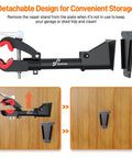 360 Degree Rotating Bike Repair Stand with Wall Mount, detachable clamp and dual mounting plates on wooden surface