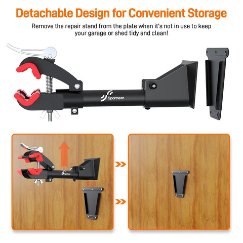 360 Degree Rotating Bike Repair Stand with Wall Mount, detachable clamp and dual mounting plates on wooden surface