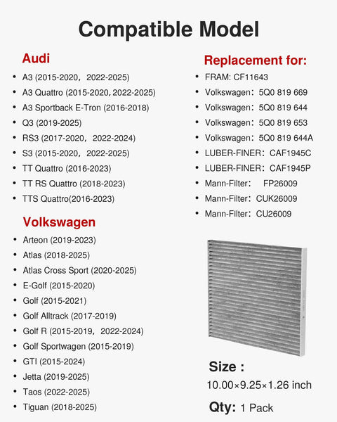 Compatible models list with image of Cabin Air Filter With Activated Carbon For Audi A3 Q3 S3 TT Quattro Atlas GTI Golf Jetta Tiguan Replacement
