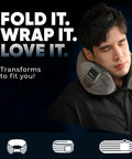 Man using Bluetooth Music Neck Pillow with Built-In Speaker for travel sleep on planes, semicircular 360 neck support.