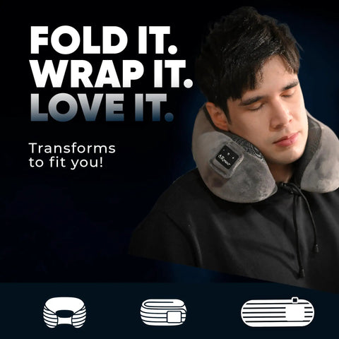 Man using Bluetooth Music Neck Pillow with Built-In Speaker for travel sleep on planes, semicircular 360 neck support.