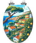 Resin Elongated Toilet Seat for Bathroom with colorful landscape artwork, measuring 14.5" x 18.5".