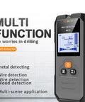 Wall Scanner And Stud Finder With Bright LCD Display For Quick Hit The Spot Accuracy Auto Calibration angled view showing metal and wire detection features.