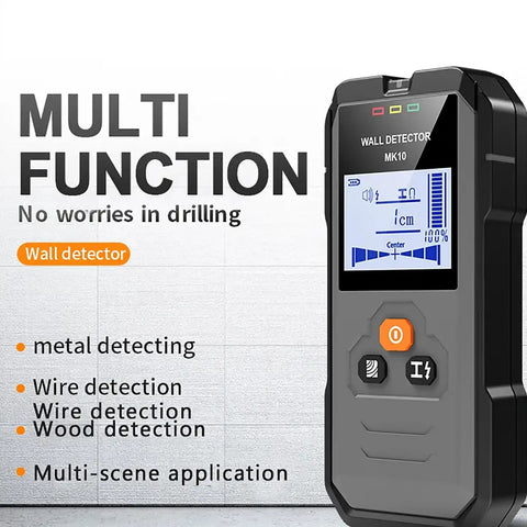 Wall Scanner And Stud Finder With Bright LCD Display For Quick Hit The Spot Accuracy Auto Calibration angled view showing metal and wire detection features.