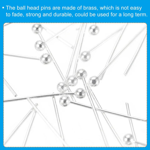 Silver Plated Ball Head Pins 24 Gauge 35mm Pack Of 200 For DIY Jewelry Making Earrings Necklaces Bracelets Bead Stringing Brass Round End Pins For DIY Beaders, silver brass close-up