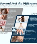 Comparison before and after using filtered shower head with handheld, showing hair and skin improvement, removes chlorine and odors.