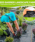 Gardener installing Heavy Duty Woven Weed Barrier Landscape Fabric 4ft by 50ft Black Geotextile Underlayment in garden.