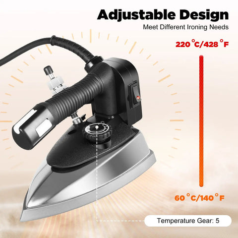 Top Shelf Industrial Steam Iron, Heavy Duty 1000W Commercial Press with adjustable temperature dial and 5 temperature settings.