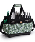 Heavy Duty Garden Tool Bag With Hard Bottom And Wide Opening, 20L Main Compartment, Water Resistant 600D Tote In Green Rose Pattern.