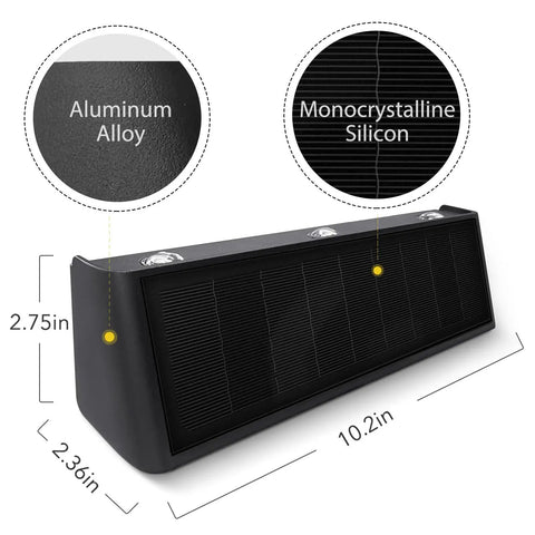 Outdoor Solar Lights 3000K Warm Aluminum Up And Down Wall Sconce with measurements and material details showing aluminum alloy and monocrystalline silicon.