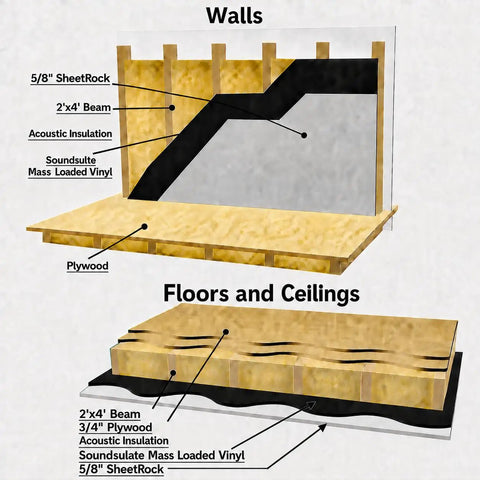 Heavy Duty Two Pound Mass Loaded Vinyl Roll for soundproofing walls and ceilings in construction diagram.