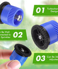 16 Piece Top Shelf Blue Lawn Sprinkler Head Replacement Kit With 15 Van Slick Swivel Nozzles Rotating Seamlessly From 0 To 360 Degrees showcasing turbocharger design and connections.