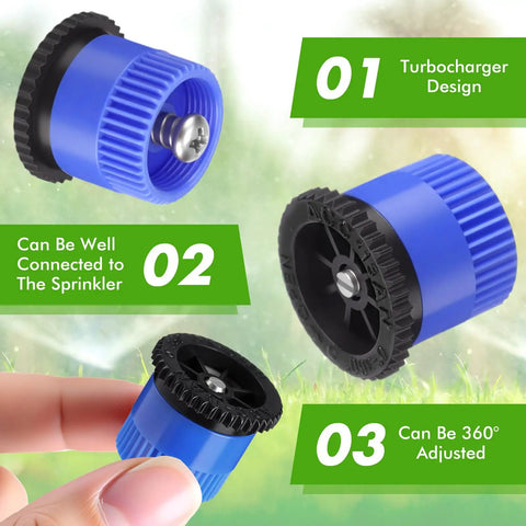 16 Piece Top Shelf Blue Lawn Sprinkler Head Replacement Kit With 15 Van Slick Swivel Nozzles Rotating Seamlessly From 0 To 360 Degrees showcasing turbocharger design and connections.