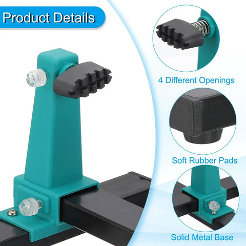 Adjustable PCB Holder With 360 Degree Rotation For Soldering And Desoldering Repairs Heavy Duty Metal Base Clamp That Grabs Boards Up To 20 By 14 Cm 40.8 Cm Overall Length Green showing clamp details with rubber pads and different openings