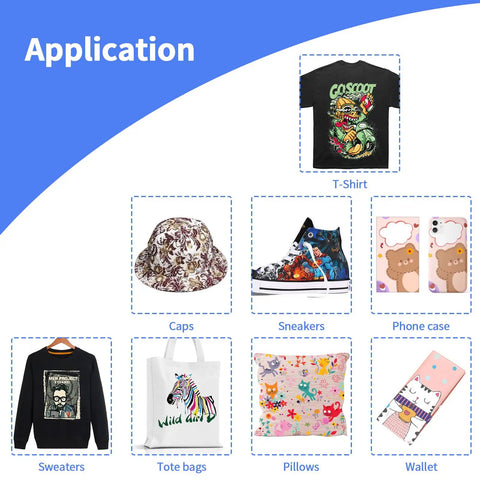 Application of Direct To Film DTF Transfer Film Pack A4 50 Sheets 8.3 X 11.7 Inches Matte Clear PET on various textiles and items.